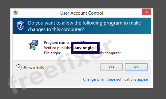 Screenshot where Any Angle appears as the verified publisher in the UAC dialog